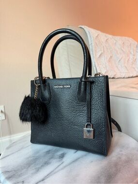 Michael Kors Mercer Medium Black Pebbled Leather Satchel with SHW and Pom Charm